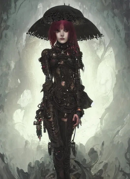 Image similar to portrait of cute little gothic girl, warhammer 40000, cyberpunk, intricate, elegant, highly detailed, digital painting, artstation, concept art, smooth, sharp focus, illustration, art by artgerm and greg rutkowski and alphonse mucha and Gustav Klimt