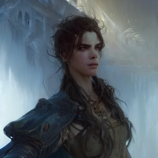 Image similar to closeup portrait of a dungeons and dragons character, dramatic lighting, castle background, gorgeous view, realistic, high detail, depth of field, lightrays, atmospheric, digital art, painted by greg rutkowski, painted by jeremy mann, painted by alphonse mucha, trending on artstation