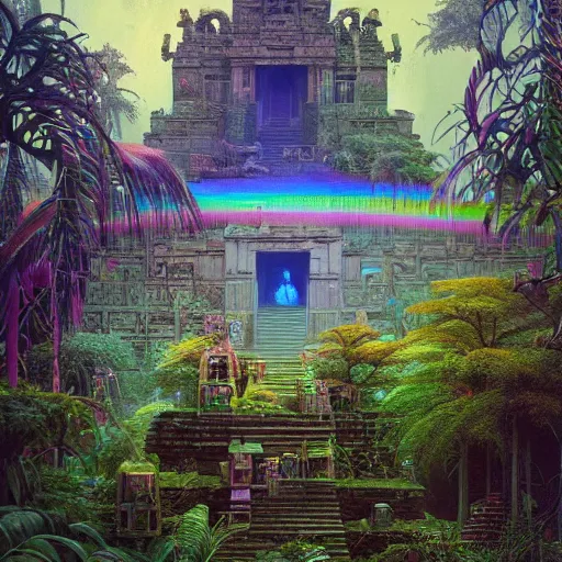 Image similar to overgrown jain temple of death with glowing mayan rainbow skulls, by michael whelan and moebius and beeple and kilian eng and dan mcpharlin and pascal blanche and jamie hewlett and richard dadd, symmetrical, magical stormy reflections, smoke on water, disco laser rays, 8 k