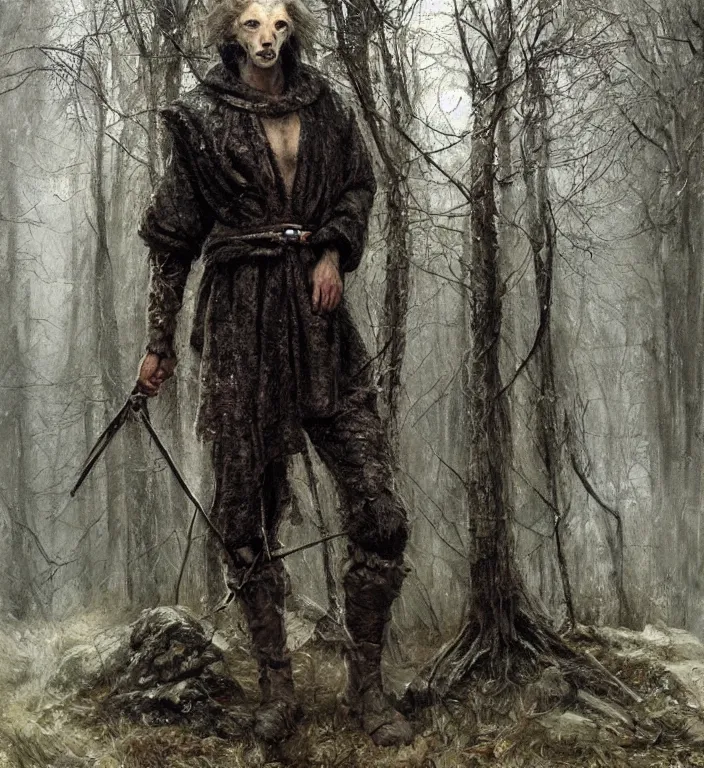 Image similar to slavic dog head man, woolen torso in medieval clothes, walking in the forest, orthodox saint christopher, art by luis royo, oil painting, painting by viktor vasnetsov, concept art, hyperrealism, beautiful, high resolution, trending on artstation,