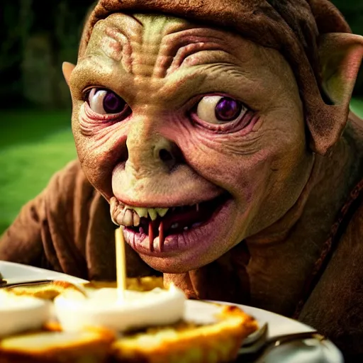 Image similar to closeup portrait of a medieval goblin eating cakes in the cloisters, depth of field, zeiss lens, detailed, symmetrical, centered, fashion photoshoot, by annie leibovitz and steve mccurry, david lazar, jimmy nelsson, breathtaking, 8 k resolution, extremely detailed, beautiful, establishing shot, artistic, hyperrealistic, beautiful face, octane render