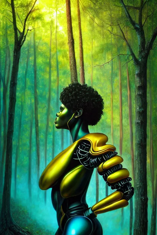 Image similar to hyperrealistic magic realism cinematic super expressive! black woman with exoskeleton armor, merging with tree in a forest, highly detailed digital art masterpiece, smooth cam de leon eric zener dramatic pearlescent soft teal yellow light, ground angle hd 8 k, sharp focus