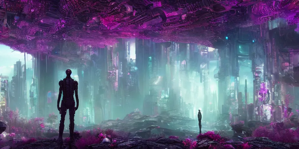 Prompt: A cyberpunk dreamscape showing an alien landscape covered in mystical flowers | Dreamworks Films Art | Depth of Field | 4k