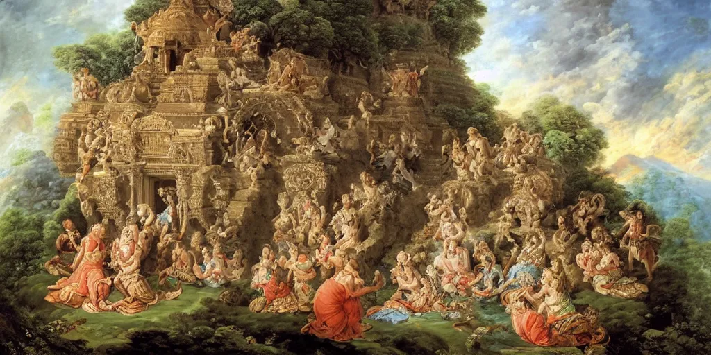 Prompt: Hindu scripture, Kailasa Temple, François Boucher, Oil Painting, Digital Art, On the top of the Mountain are the four gaja-patis, the best of elephants, which were established in the four directions by Lord Brahmā, the supreme spiritual master of the entire universe. The names of those elephants are Ṛṣabha, Puṣkaracūḍa, Vāmana and Aparājita. They are responsible for maintaining the planetary systems of the universe. The Great Turtle Island at the center of the Universe holding up the sky, Encircled by Mystical Interstellar Nether Worlds, Magic Fairyland, Going to the Sun Highway Glacier Park, Michael Cheval, William-Adolphe Bouguereau, Oil Painting, unreal 5, DAZ, hyperrealistic, octane render, Regal, Refined, Detailed Digital Art, RPG portrait, Anton Fadeev, Walt Disney (1937), Steampunk, Volumetric Golden dappled dynamic lighting, Highly Detailed, Cinematic Lighting, Unreal Engine, 8k, HD