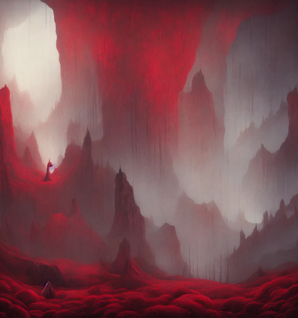 Prompt: magical matte forest overlooking the mountains, chiaroscuro, red fabric, metalic parts, transparent smoke from hell, notan sun in the background, abstract, surreal art, painted by beksinski and android jones
