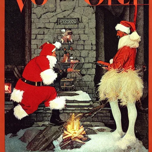 Image similar to illustration: vogue designer Santa Claus Sacrificing the Elves to a Volcano God Altar giorgio de chirico marc simonetti norman rockwell postcard stamp