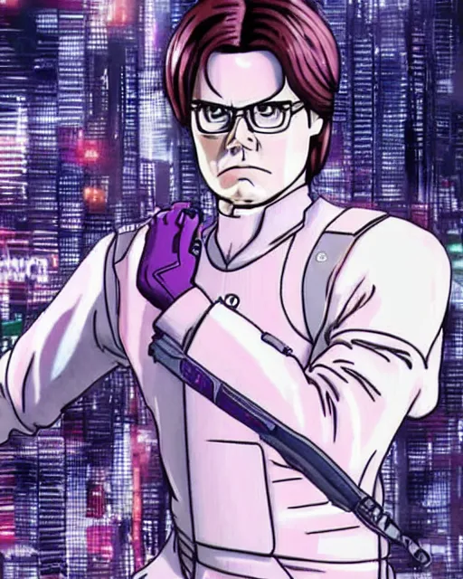 Prompt: a still of dwight schrute in ghost in the shell. anime style. highly detailed.