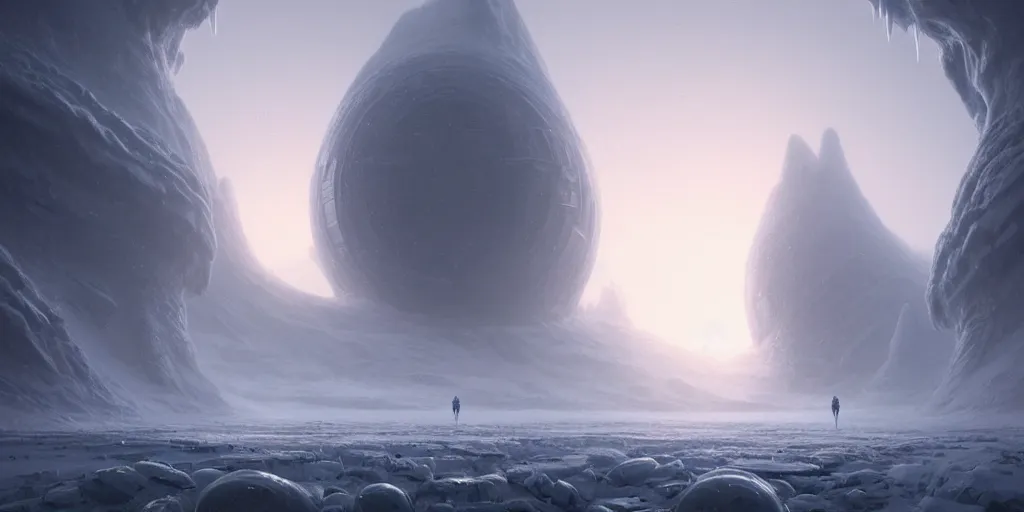 Prompt: strange surface of icy alien planet at dawn, misty, ultra high definition, ultra detailed, symmetry, sci - fi, by greg rutkowski and ross tran