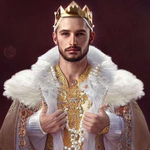 Image similar to a realistic transmasculine king with decorated clothes made of white pearls and white plumes of swan, highly detailed, digital painting, Trending on artstation , HD quality, by artgerm and greg rutkowski and alphonse mucha, dramatic light, octane