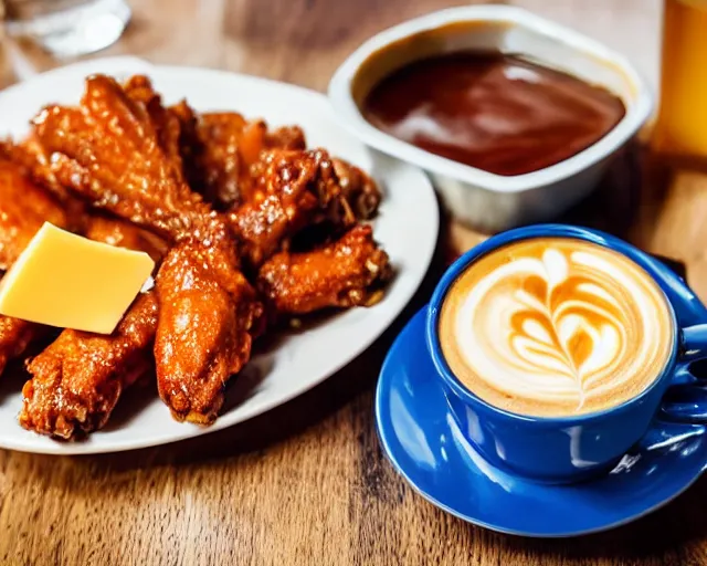 Image similar to A cup of coffee and hot wings covered in cheese, Cinematic shot