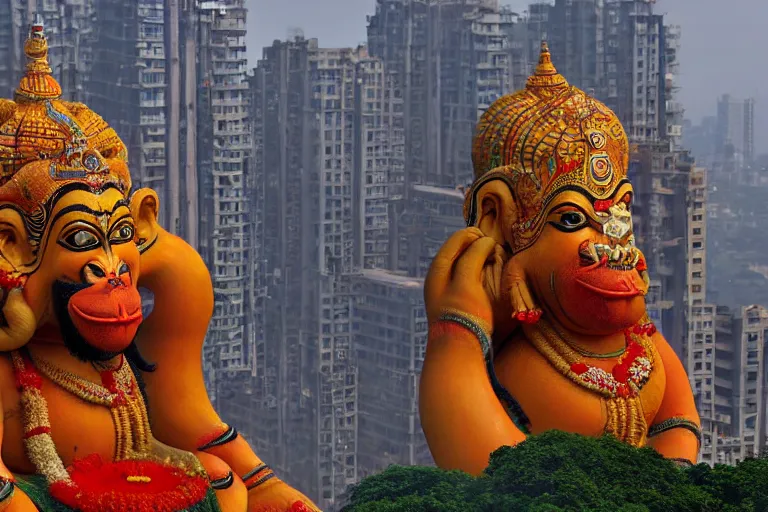 Image similar to high quality 3 d dreamscape! biomorphic hanuman head building in the middle of mumbai!!, kalighat highly detailed, cinematic smooth, stephen shore & john j. park, soft morning light, wide shot, high angle, uhd 8 k, deep focus