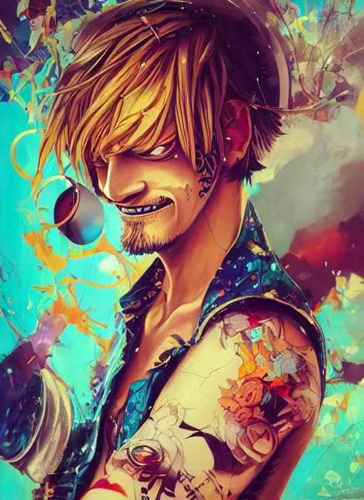 Prompt: beautiful portrait of Sanji Onepiece, by Tristan Eaton, Stanley Artgermm, Tom Bagshaw, Greg Rutkowski, Carne Griffiths. trending on DeviantArt, face enhance, hyper detailed, trending on Artstation, 8k, masterpiece, graffiti paint, fine detail, full of color, intricate detail, golden ratio illustration