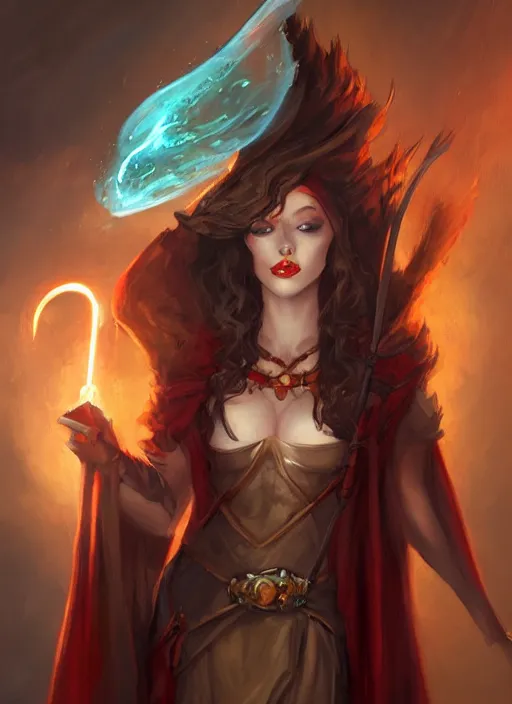 Prompt: female sorceress with red hair, wielding a magic staff, Wizard robe, pretty, beautiful, DnD character art portrait, matte fantasy painting, DeviantArt Artstation, by Jason Felix by Steve Argyle by Tyler Jacobson by Peter Mohrbacher, cinema