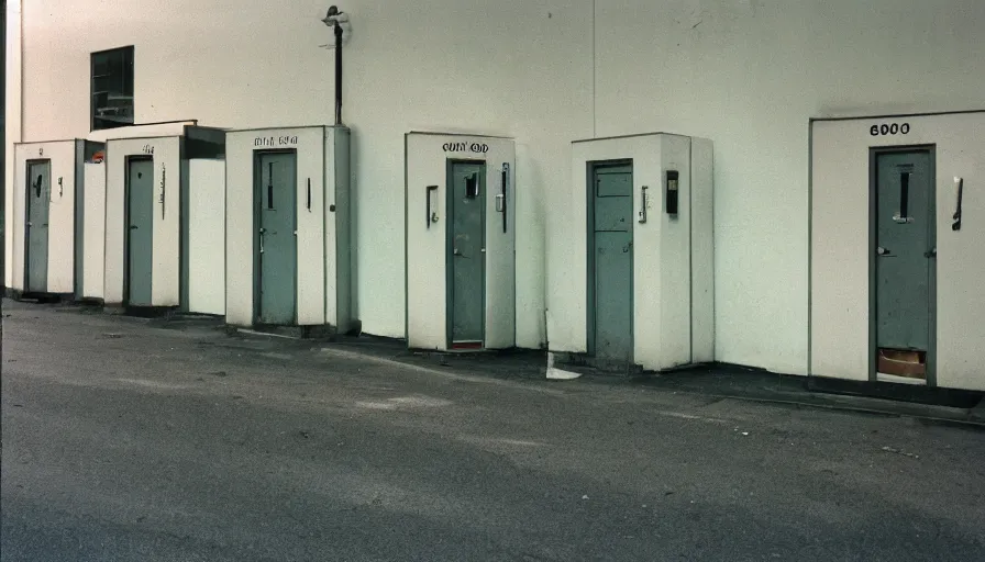 Prompt: 60s movie still of empty public toilets visible toilets, cinestill 800t 50mm eastmancolor, liminal Space style, heavy grain-s 150