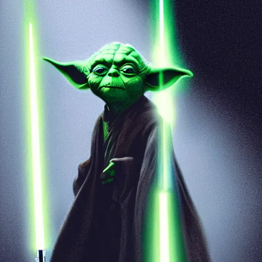 Image similar to inspired by ralph mcquarrie, yoda with a lightsaber, cinematic