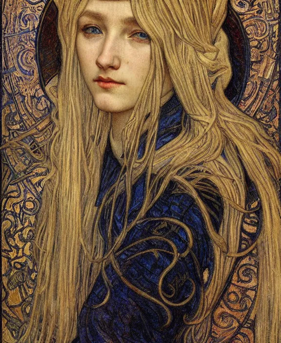 Image similar to detailed realistic beautiful young medieval queen face portrait by jean delville, alphonse mucha, vincent van gogh, and marco mazzoni, art nouveau, symbolist, visionary, gothic, pre - raphaelite