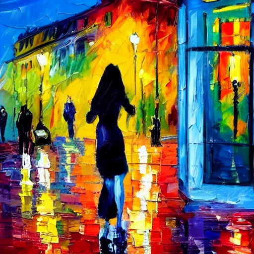 Image similar to impasto acrylic palette knife, impressionism and expressionism, strong emotional impact, bold colors, expressive brushstrokes, overall sense of movement in the composition. woman in a serene san francisco streetscape at night, trending on artstation