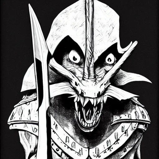 Prompt: goblin holding a sword, leather armor, sharp teeth, angry eyes, fantasy, dnd character, pen drawing, ink and paper, black and white, book illustration