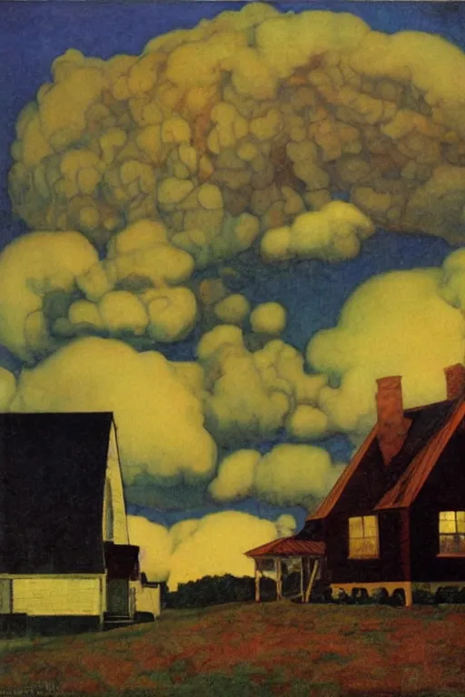 Prompt: towering cumulonimbus clouds behind whimsical farmhouse, dramatic lighting, by nc wyeth, by frederick remington