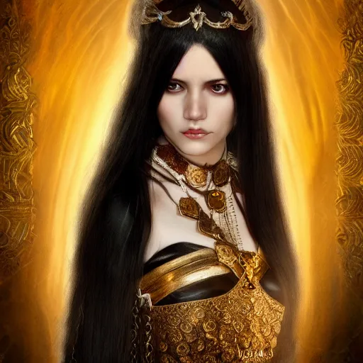 Image similar to beautiful female cleric with long black hair and a golden eye, focus on face, jewellery, fantasy, medieval, still, photograph, highly detailed, cinematic, romani descent, dramatic, dynamic lighting, award winning, masterpiece, trending on artstation