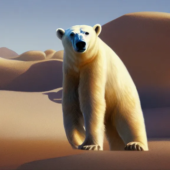 Prompt: polar bear in the desert painting by craig mullins octane rendering soft morning lighting wide angle lens in the style of hayao