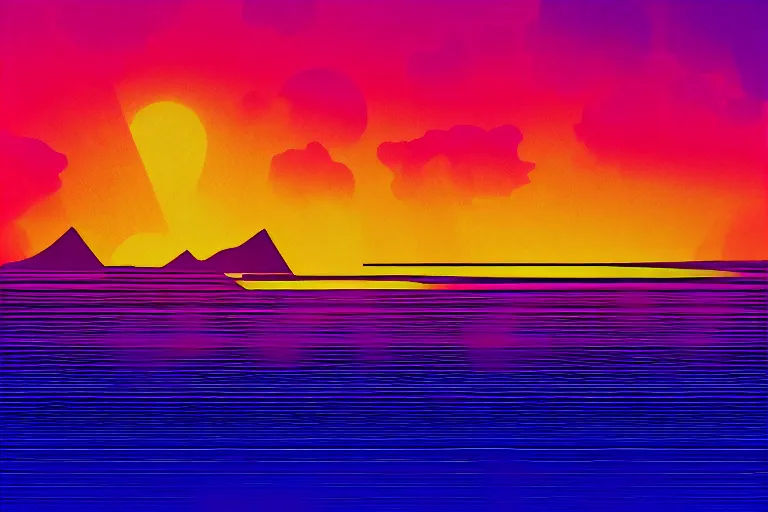 Prompt: Synthwave style sunset above the reflective sea in the style of Artstation