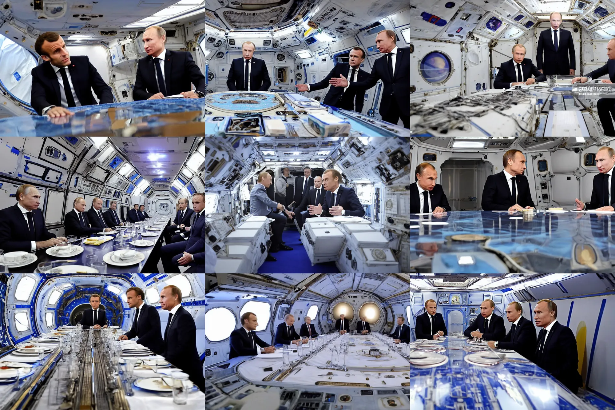 Prompt: macron and putin have a meeting, floating in the space station, long table