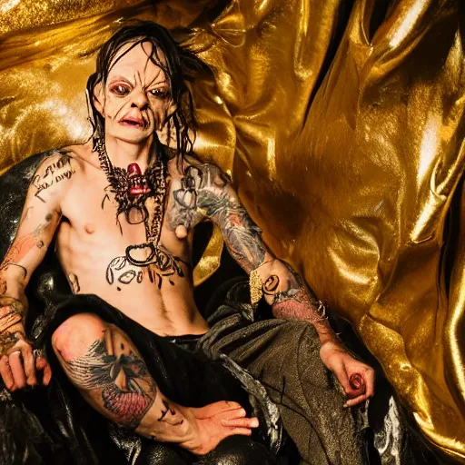 Image similar to gollum couching in a dungeon proudly wearing lots of gold and jewelry and bling, hip hop style, tattoos, lotr, imax, foggy atmosphere, bokeh, professional studio shot, stylized photo, single image