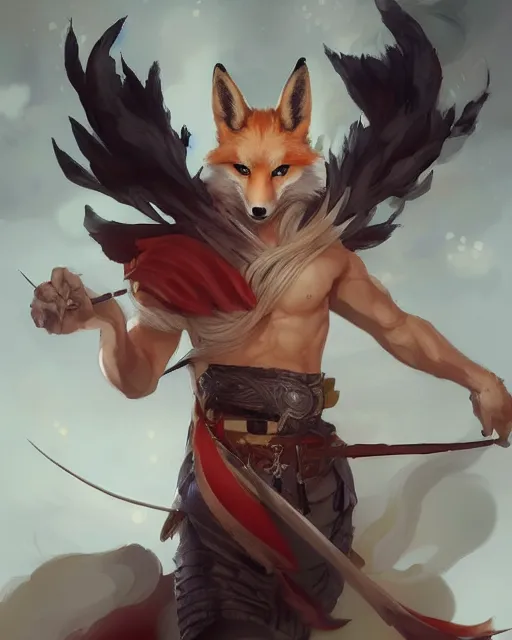 A handsome male kitsune warrior with fox ears, | Stable Diffusion | OpenArt