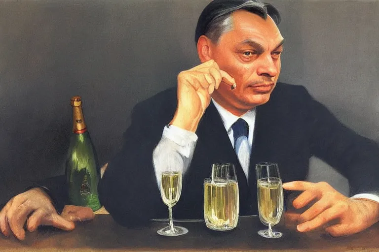 Image similar to viktor orban drinking champagne, highly detailed face by edward hopper