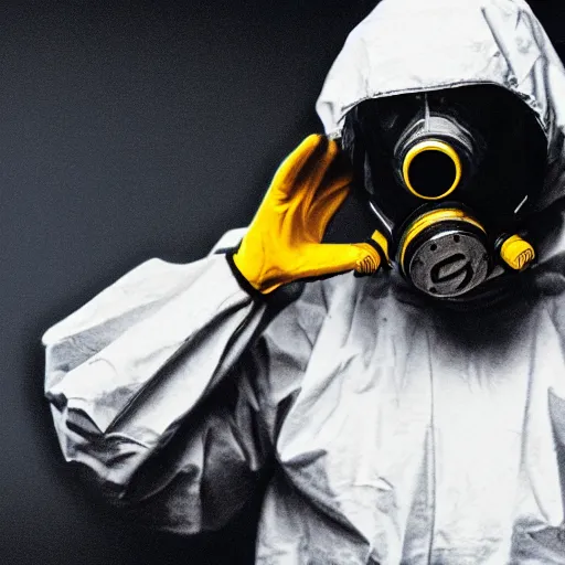 Image similar to a man wearing a hazmat suit and gasmask holding a revolver, film still, cinematic, enhanced