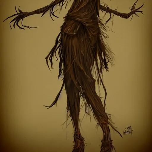 Prompt: concept art of a scary lanky female scarecrow, artstation, pencil