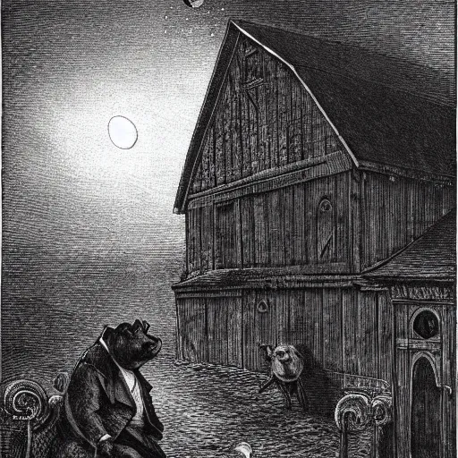 Image similar to pig in a tuxedo, illustration by Gustave Doré, high detail, eerie, barn, creepy, dark, night, misty, moon, chiaroscuro, film noir