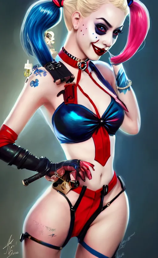 Image similar to a pin up and beautiful fashion charming dreamlke harley quinn with lv jewelry, character art, art by artgerm lau and wlop and and ilya kuvshinov and john singer sargent, hyperdetailed, 8 k realistic, symmetrical, frostbite 3 engine, cryengine, dof, trending on artstation, digital art