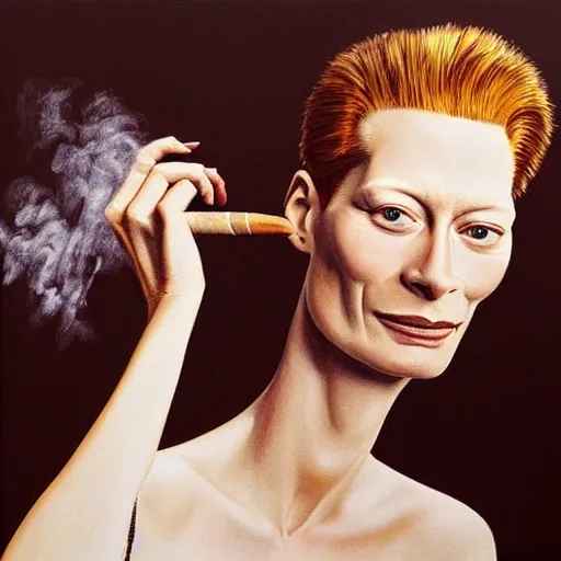 Image similar to caricature portrait of a beautiful 20 year old Tilda Swinton smoking a cigar by Mario Testino, headshot, detailed, award winning, oil painting