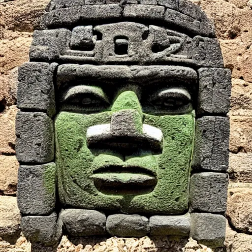 Prompt: pixel art of an imposing olmec head carved into a mossy stone wall with ornate incan patterns
