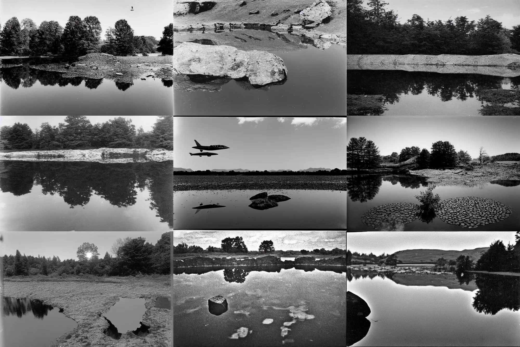 Prompt: rock reflecting in still pond with raf jet aircraft flying overhead, film grain, 3 5 mm lens, government archive, declassified