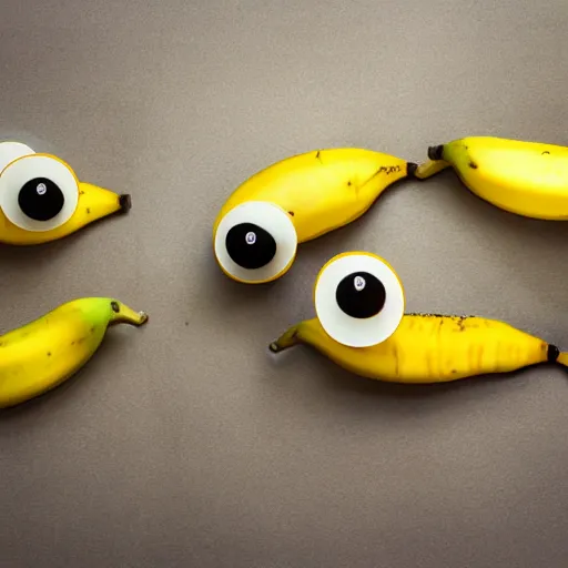 Image similar to professional photograph of banana ducks, peeled bananas with googly eyes and duck beaks