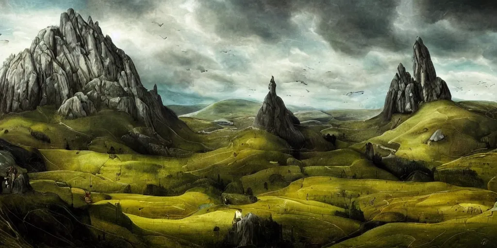 Image similar to very very Beautiful landscape of Aberdeenshire and Bennachie hill in the centre of the painting, physically accurate, dramatic dynamic lighting, intricate, elegant, highly detailed, digital painting, artstation, very hyperrealistic, Hieronymus Bosch, very very Tomas Sanchez, Renaissance, concept art, smooth, sharp focus, illustration, art by artgerm and greg rutkowski and alphonse mucha