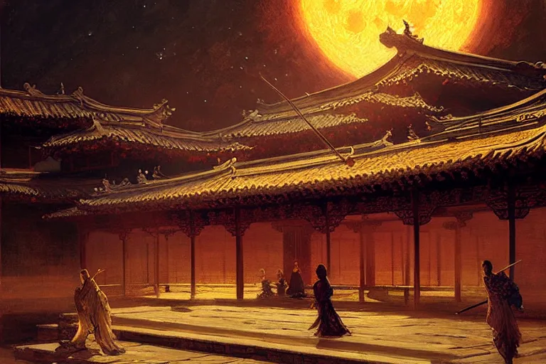 Prompt: wuxia, moon, roof, night, painting by gaston bussiere, craig mullins, j. c. leyendecker