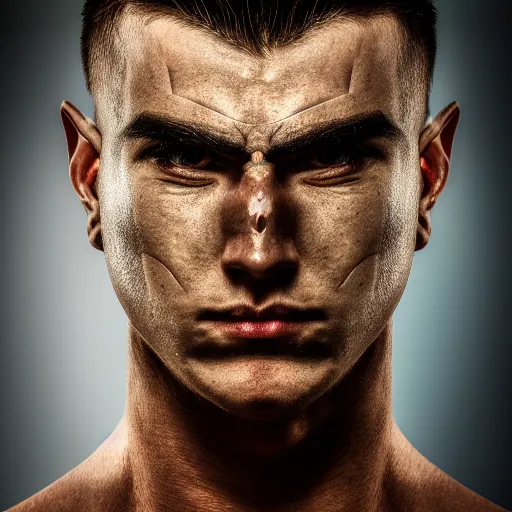 Prompt: portrait of a male warrior with split face ,fantasy, D&D, HDR, natural light, dynamic pose, award winning photograph, 8k, Mucha style,