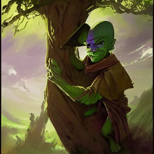 Prompt: cute green goblin with big ears, no hair, and round yellow eyes, wearing a traveler's cloak, looking down out of a tree, in the style of greg rutkowski