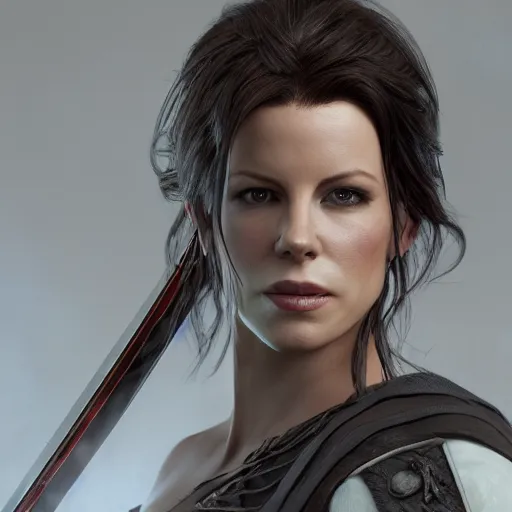 Image similar to kate beckinsdale as a swordswoman, by li didivi, by yun ling, by shal. e, grim expression, unreal engine, octane rendering, 8 k, closeup, full body, smooth, trending on artstation, digital illustration, grey hair