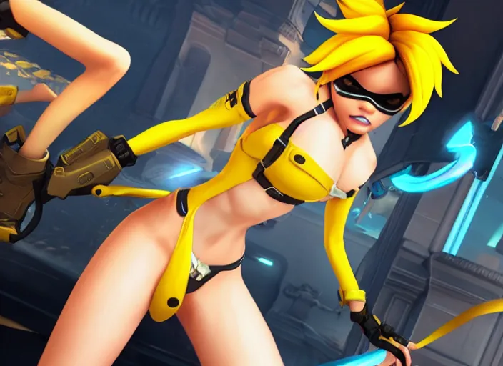 Image similar to tracer game character, in yellow bikini, blonde hair, black eyes, full height