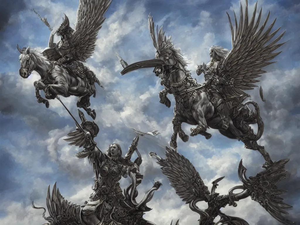 Prompt: valkyrie on pegasus, epic scene, style of brom, highly detailed