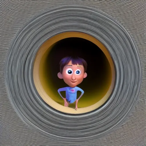 Image similar to a person looking through a circular hole directly at the camera, pixar animations. 3D