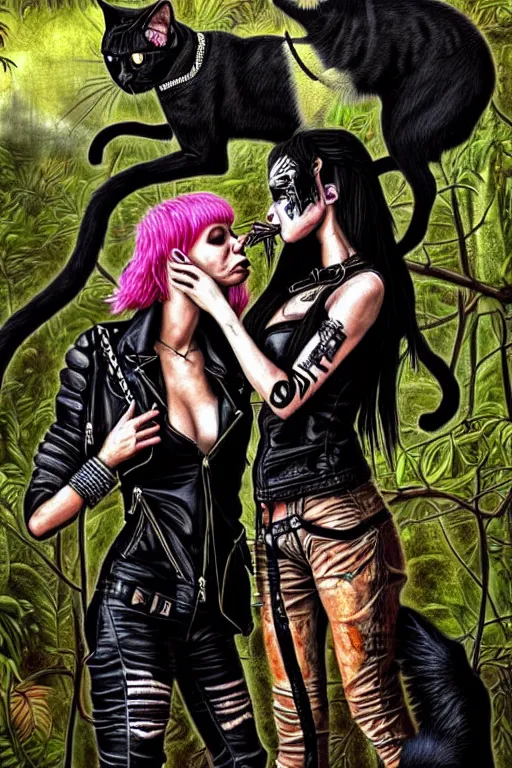 Image similar to punk rock girls kissing and making selfie with black cats in jungle , 1980 style, mad max jacket, post apocalyptic, Cyberpunk, renaissance, Gothic, mystic, highly detailed, digital painting, 4k, fog, oil painting by Leonardo Da Vinci, hyper realistic style, fantasy by Olga Fedorova