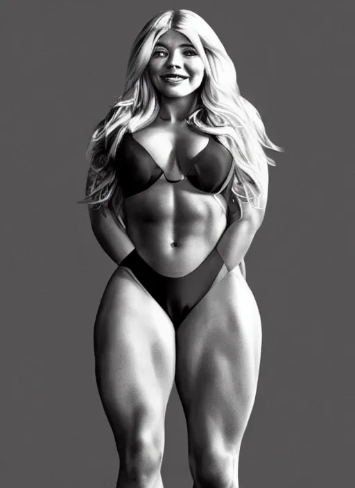 Image similar to holly Willoughby with the physique of a body builder, symmetrical facial features, hyper realistic, ultra detailed, cinematic, dynamic lighting, photorealistic, refined, intricate, digital art, digital painting, masterpiece, 8k