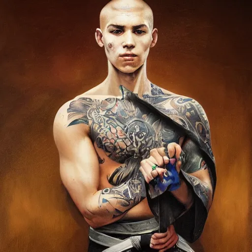 Prompt: A detailed matte oil on canvas painting of a young white male martial artist monk, orchid arm tattoos by greg rutkowski, trending on artstationhd, dungeons and dragons art