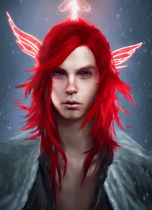 Image similar to An epic fantasy comic book style portrait painting of a young fairy boy with red wings, pointy red hair, white glowing eyes, red long hair red coat. Unreal 5, DAZ, hyperrealistic, octane render, cosplay, RPG portrait, dynamic lighting